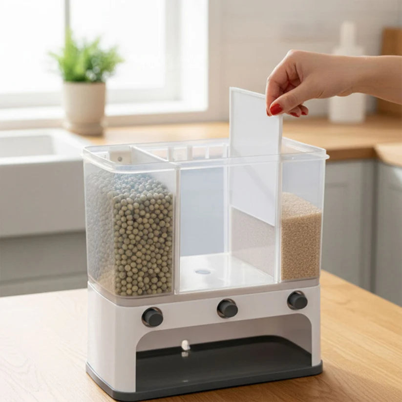 Easy Flow Cereal Dispenser for Kitchen 3 in 1 Push Button Wall Mount Container by CookAura